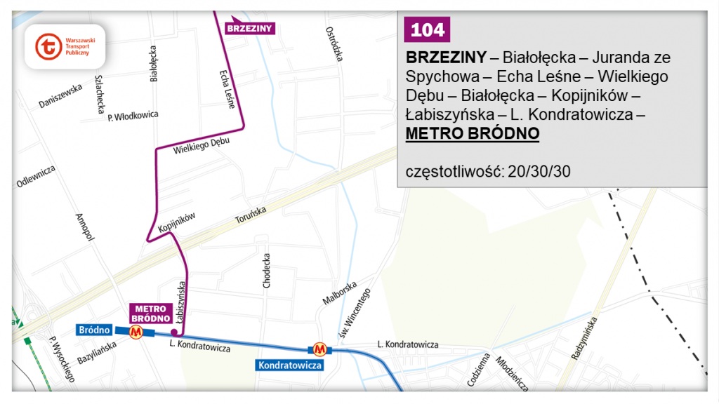schemat proponowanego przebiegu linii 104 po otwarciu północnowchodniego odcinka linii metra M2