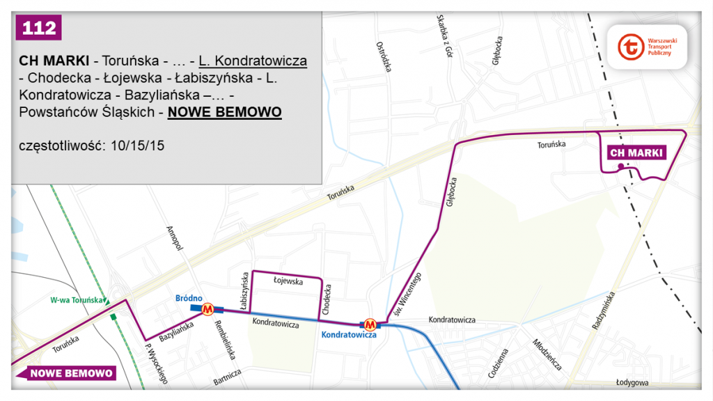 schemat proponowanego przebiegu linii 112 po otwarciu północnowchodniego odcinka linii metra M2