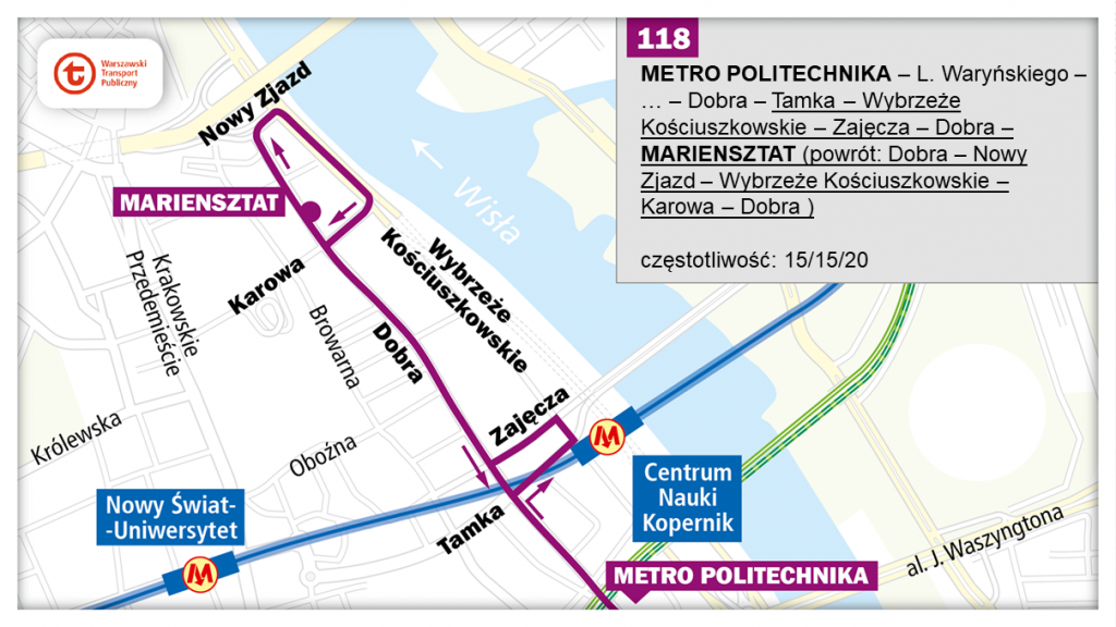schemat proponowanego przebiegu linii 118 po otwarciu północnowchodniego odcinka linii metra M2