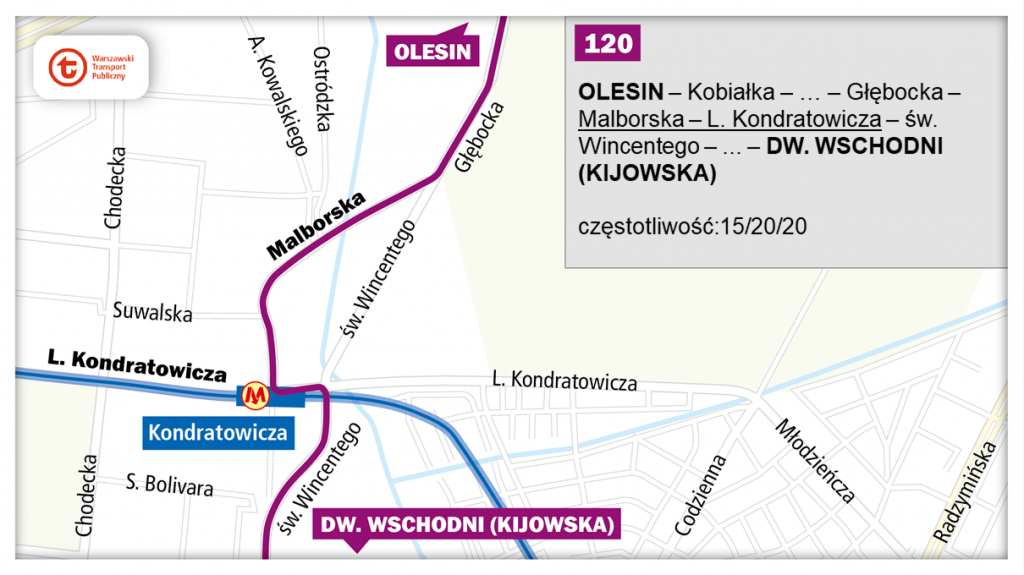 schemat proponowanego przebiegu linii 120 po otwarciu północnowchodniego odcinka linii metra M2