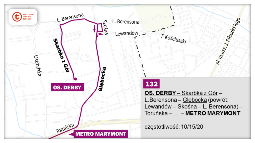 schemat proponowanego przebiegu linii 132 po otwarciu północnowchodniego odcinka linii metra M2