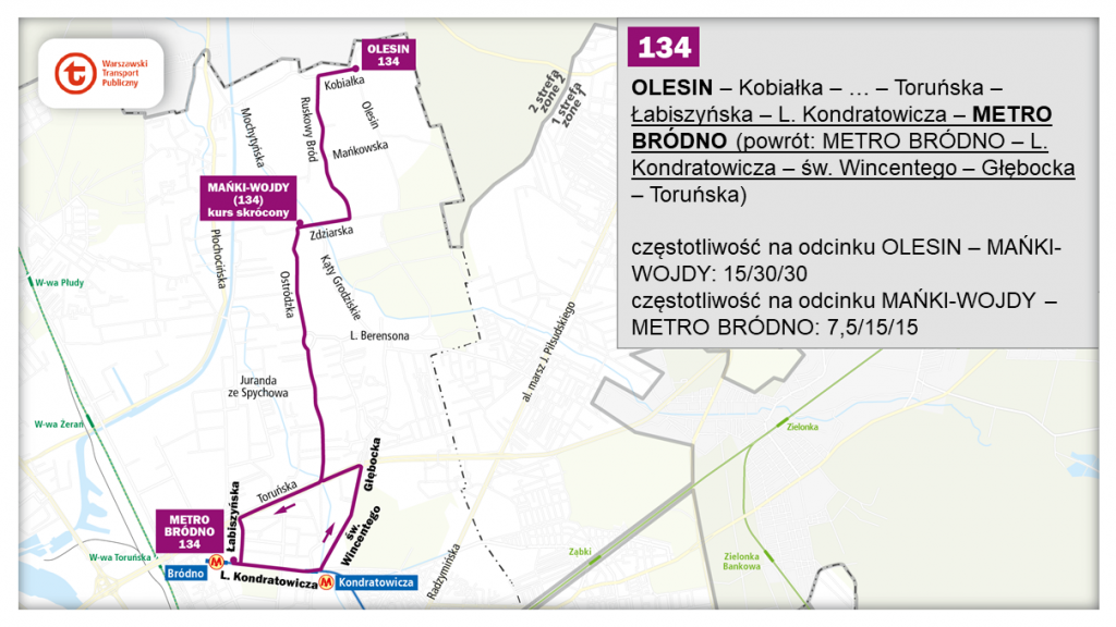 schemat proponowanego przebiegu linii 134 po otwarciu północnowchodniego odcinka linii metra M2