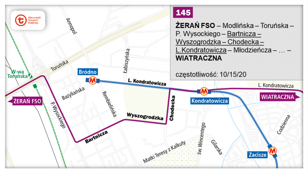 schemat proponowanego przebiegu linii 145 po otwarciu północnowchodniego odcinka linii metra M2