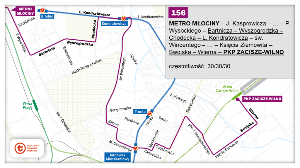 schemat proponowanego przebiegu linii 156 po otwarciu północnowchodniego odcinka linii metra M2