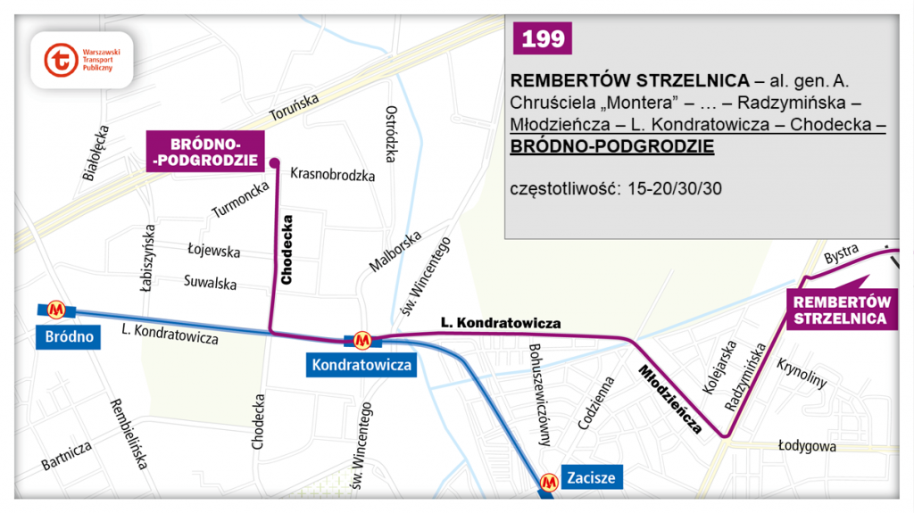 schemat proponowanego przebiegu linii 199 po otwarciu północnowchodniego odcinka linii metra M2