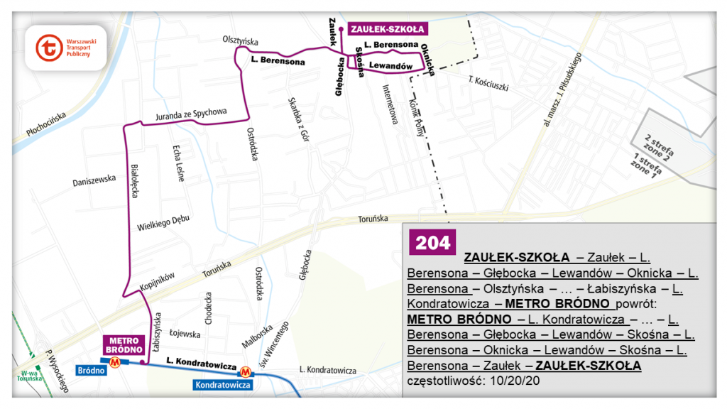 schemat proponowanego przebiegu linii 204 po otwarciu północnowchodniego odcinka linii metra M2