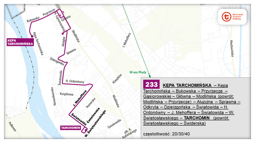 schemat proponowanego przebiegu linii 233 po otwarciu północnowchodniego odcinka linii metra M2