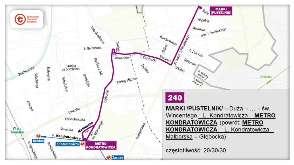 schemat proponowanego przebiegu linii 240 po otwarciu północnowchodniego odcinka linii metra M2