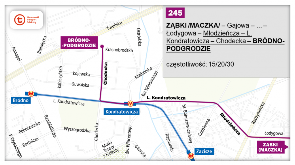 schemat proponowanego przebiegu linii 245 po otwarciu północnowchodniego odcinka linii metra M2