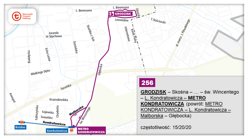 schemat proponowanego przebiegu linii 256 po otwarciu północnowchodniego odcinka linii metra M2