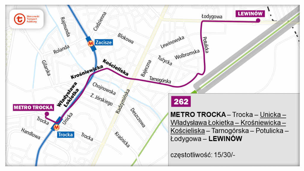 schemat proponowanego przebiegu linii 262 po otwarciu północnowchodniego odcinka linii metra M2
