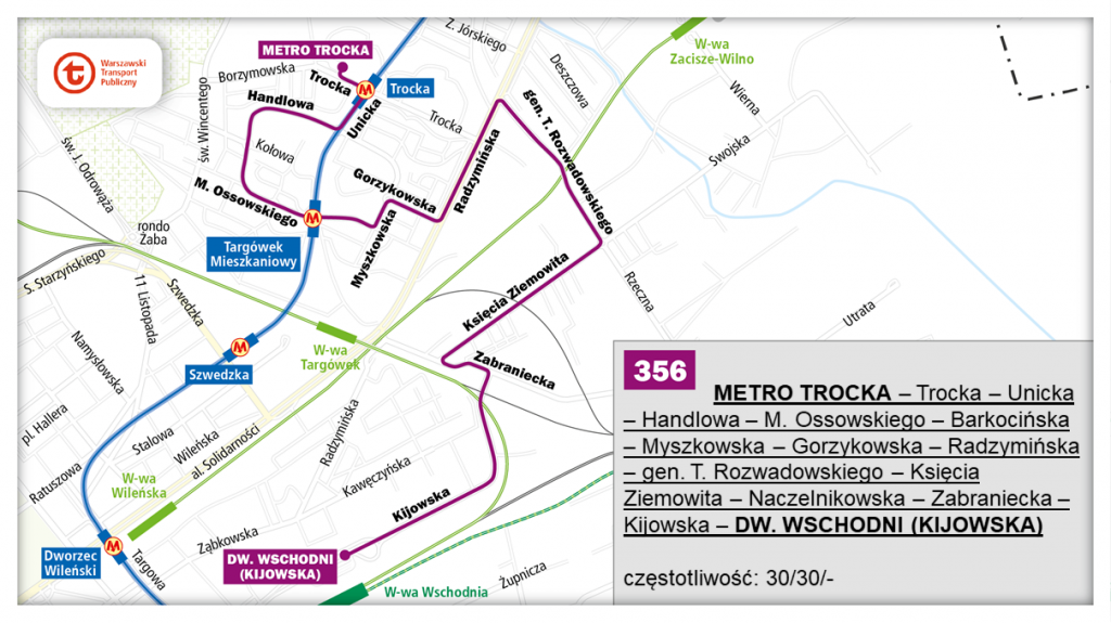 schemat proponowanego przebiegu linii 356 po otwarciu północnowchodniego odcinka linii metra M2