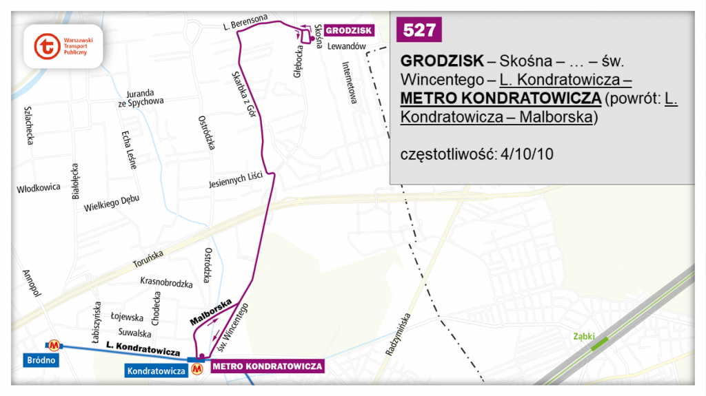 schemat proponowanego przebiegu linii 527 po otwarciu północnowchodniego odcinka linii metra M2
