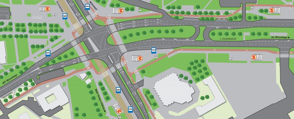 wizualizacja układu drogowego w rejonach skrzyżowania ul. Kondratowicza z Rembielińską po zakńczeniu budowy metra