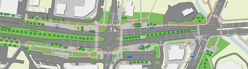 wizualizacja układu drogowego w rejonach skrzyżowania ul. Kondratowicza z św. Wincentego oraz z Malborską po zakńczeniu budowy metra